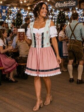 Kate Kasin Women’s Medium Pink Mint Floral Dirndl Oktoberfest Costume Dress